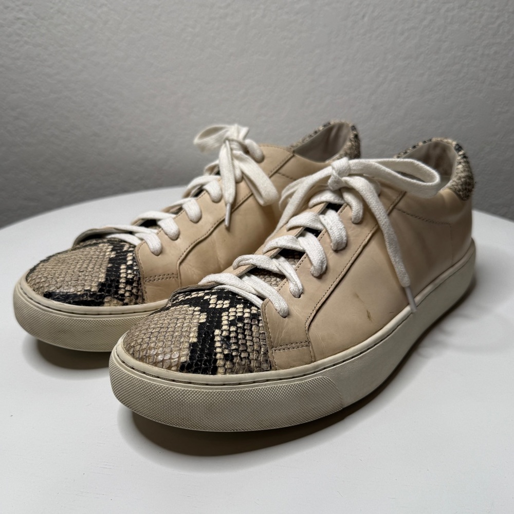 Veronica Beard Bibi Sneakers Cream Black Leather Snake Panel Lace Up Size 10